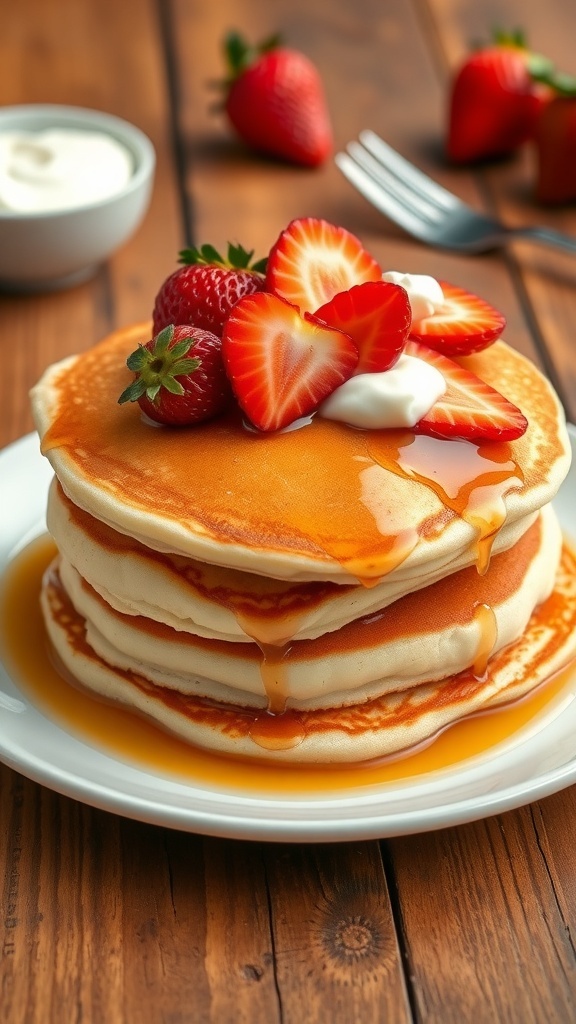 A stack of fluffy pancakes with strawberries and syrup on a rustic table.